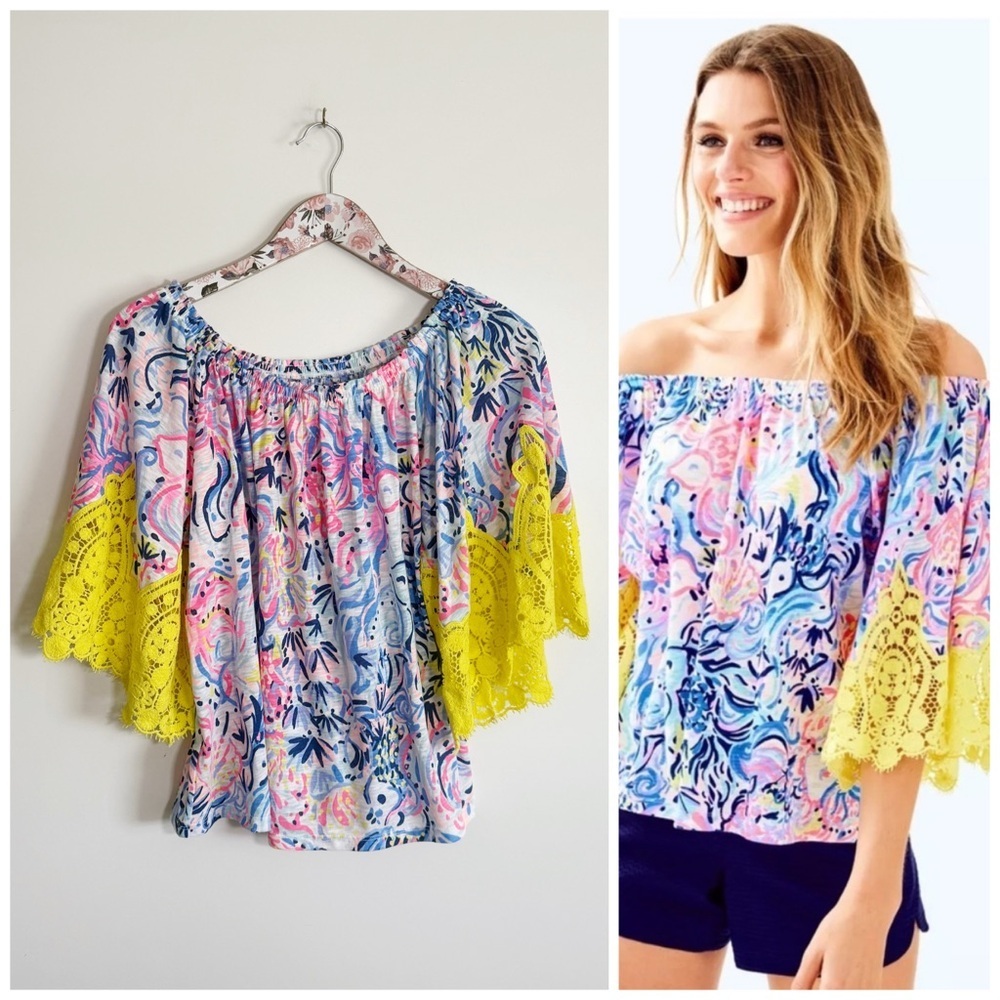 LILLY PULITZER Off Shoulder Zaylee Top XS So Sofishticated Print Yellow Lace
